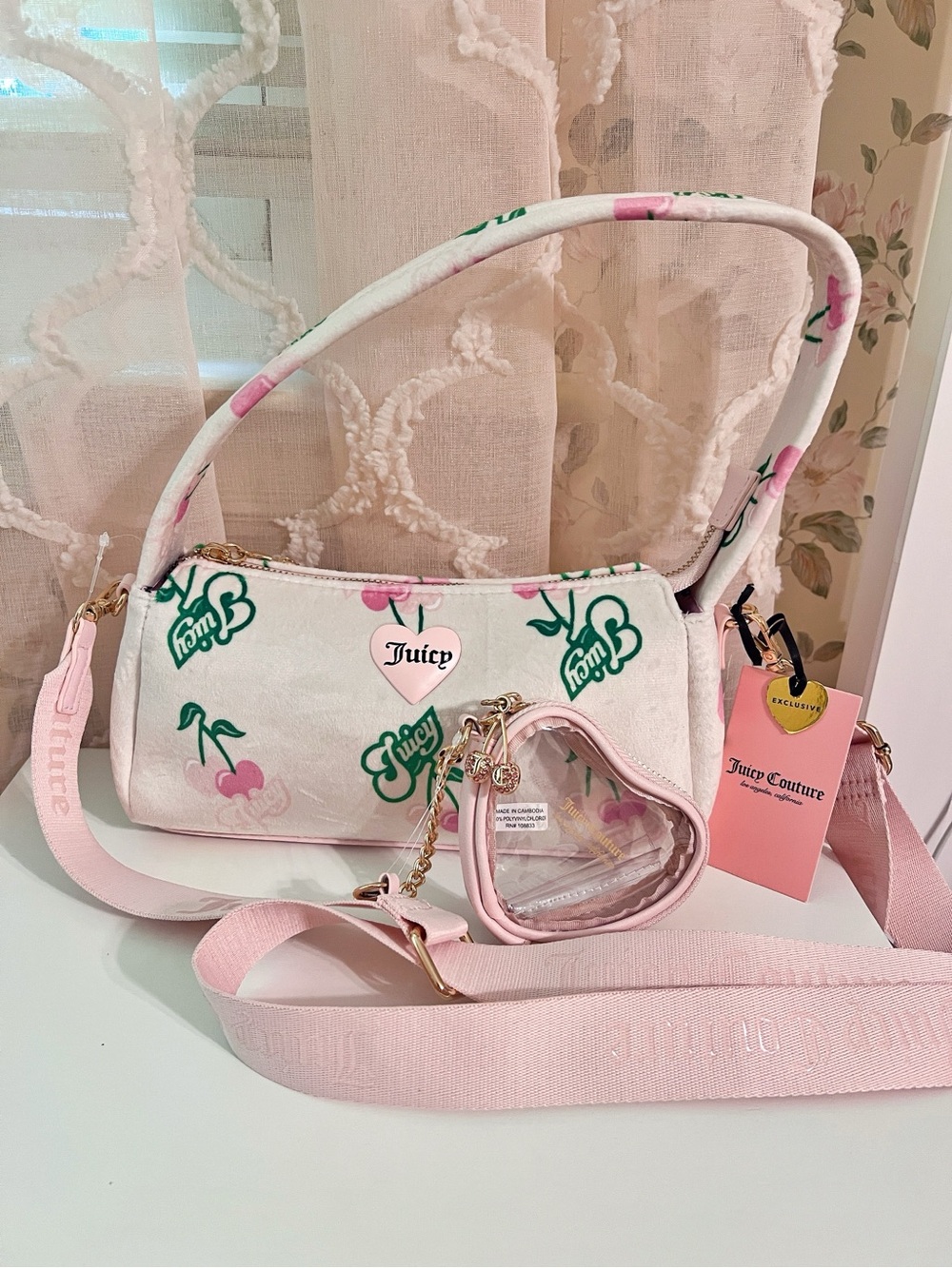 Juicy Couture Cherry Print Velour Shoulder Bag w/ Coin Pouch & Strap – NWT